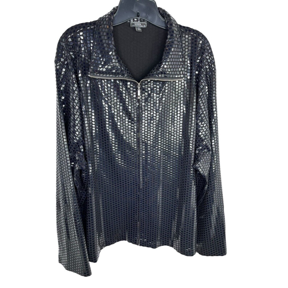 Lisa International Jacket Black Shiny Square Design Zip Front Long Sleeve Sz 3X